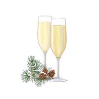 Two flute glasses filled with sparkling champagne, showing fine bubbles and golden colour.Merry Chrismas greeting card, decorated with conifeerous branch with cones in snow vector