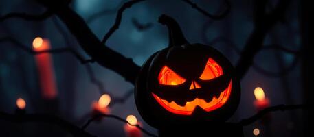 brillante Jack-o'-lantern sonrisas siniestramente el oscuro bosque foto