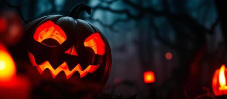 brillante Jack-o'-lantern un oscuro bosque foto