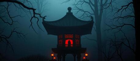 mystical lantern structure a misty forest photo