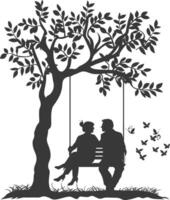 Silhouettes of a Couple Sitting on a Swing Under a Tree vector