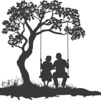 Silhouettes of an elderly couple on a swing under a blossoming tree vector