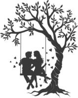 Silhouettes of a Couple on a Swing Under a Tree with Hearts vector