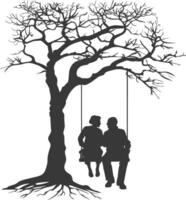 Silhouettes of a Couple Sitting on a Swing Hanging from a Bare Tree vector