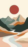 A river runs through a mountain range with a red sun in the background vector