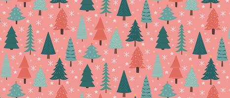 Seamless Christmas or New Year background with trees on pink. Festive design for fabric, packaging, cover. vector