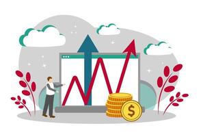 The concept of income growth and financial success. Man standing near laptop and stack of coins vector