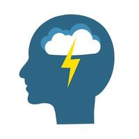 Head with a cloud and a lightning bolt on a white background. The concept of bad mood, anger and depression vector