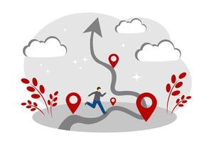 A man is running along the road of life. Destination. Geolocation and map. Life path vector