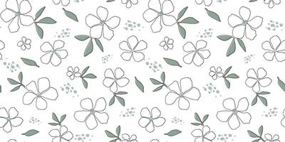 Seamless pattern with delicate line silhouette of flowers and leaves. Abstract bloom print. vector