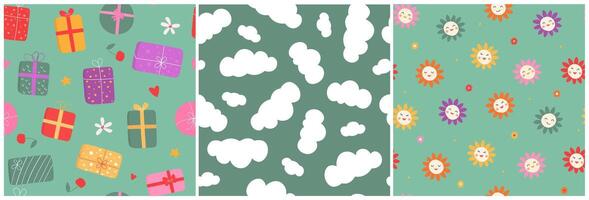 Set of seamless pattern with gifts, flowers, clouds. vector