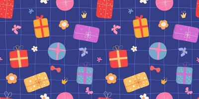 Seamless pattern with gifts on a background of lines, flowers, butterflies. Festive and cheerful print. vector