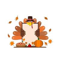 Thanksgiving holiday, turkey holding a sign with blank space for text. vector