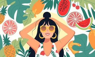 An artistic image of a smiling woman in sunglasses surrounded by various fruits vector