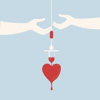 Two hands holding a blood drop and a heart vector