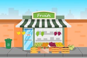 Local fruit store building on pedestrian area vector
