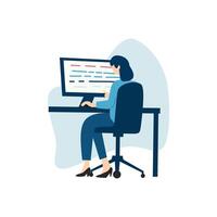Flat illustration of a woman programmer working on a desktop, showcasing the role of women in tech with a clean, professional aesthetic. vector