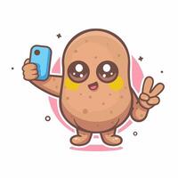 happy potato character mascot taking a selfie with a smartphone isolated cartoon vector