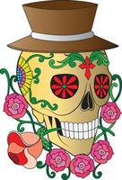 Decorative sugar skull with hat and floral accents. sugar skull illustration is adorned with a stylish brown hat and surrounded by pink roses. The eye sockets display red floral patterns. vector