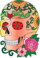Floral sugar skull with heart and cross design. This vibrant sugar skull illustration features intricate floral patterns, a cross, and a heart at the top. vector