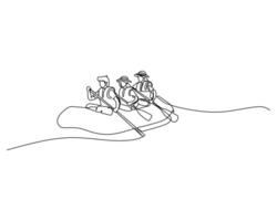 Continuous one line drawing of three men rowing on a boat. vector