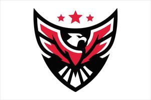 Minimal line eagle logo with wing, falcon, star, and shield in ribbon design vector