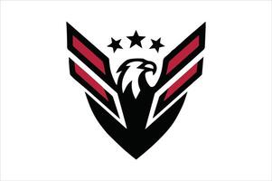 Minimal line eagle logo with wing, falcon, star, and shield in ribbon design vector