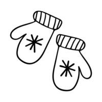 Black and white doodle illustration of winter white mittens with a snowflake on a white background. vector