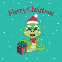 Christmas card on a green background. The green snake is the symbol of the year with a gift box and a Santa hat on a green background. vector