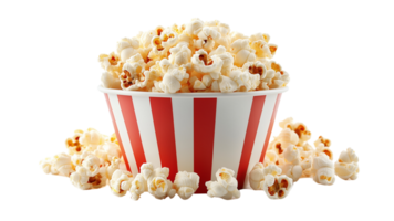 Delicious popcorn overflowing from classic striped bucket, perfect for movie nights and snacks. Enjoy buttery flavor and crunchy texture png
