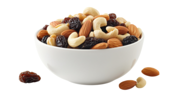 Bowl of mixed nuts and dried fruits, including almonds, cashews, and raisins, perfect for healthy snack or trail mix. Enjoy crunchy and chewy textures png
