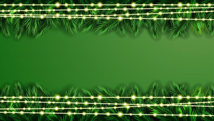 Winter holiday background. Border with christmas evergreen fir tree branches and neon lights on garlands. Merry Christmas. Happy New Year. Green pine spruce twig.