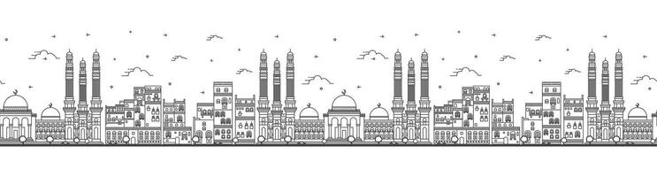 Seamless pattern with outline Sanaa Yemen City Skyline with Historic Buildings Isolated on White. Sanaa Cityscape with Landmarks. vector