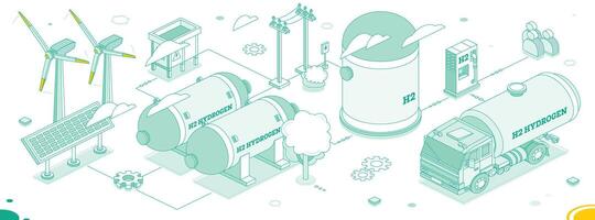 Isometric hydrogen energy. H2 electrolysis plant station. Outline objects. Hydrogen factory with solar cells and wind turbines. Truck car with cistern. vector