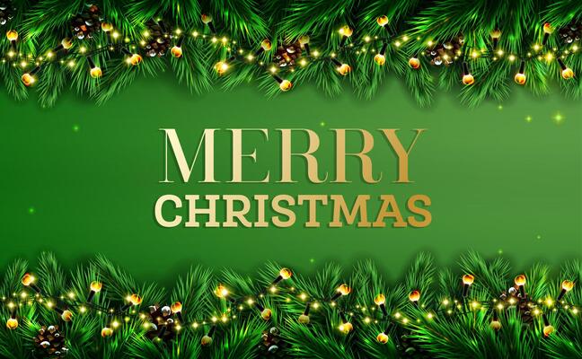 Winter holiday background. Border with christmas evergreen fir tree branches and pine cones. Neon lights on garlands. Merry Christmas. Happy New Year. Green pine spruce twig.