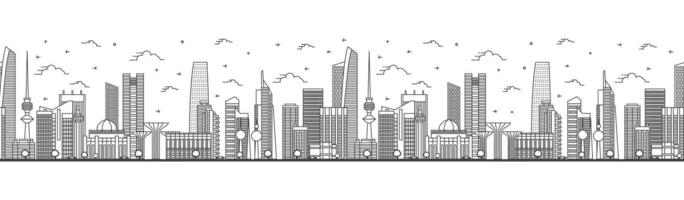 Seamless pattern with outline Kuwait City Skyline with Modern Buildings Isolated on White. Kuwait Cityscape with Landmarks. vector