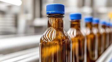 Amber glass bottles with blue caps photo