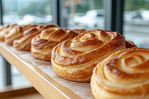 Freshly baked pastries on display in a bakery window photo