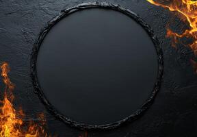 Fiery dark circle frame on black background photo