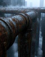oxidado industrial tubería en un brumoso urbano paisaje foto