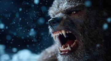 Ferocious werewolf roaring in the snow photo