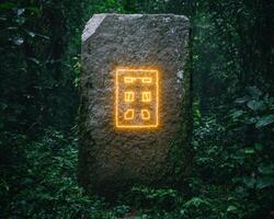 Glowing neon sign on a moss covered rock in a lush forest photo