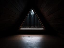 dark forest view through triangular window photo