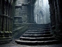 Mysterious stone staircase leading to an arched entrance in a misty, atmospheric setting photo