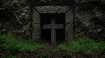 dark and mysterious stone cross in a forest photo