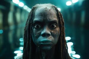 Mysterious alien like creature with dreadlocks and glowing eyes photo