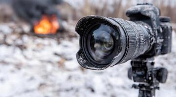 Snowy camera lens with campfire in background photo