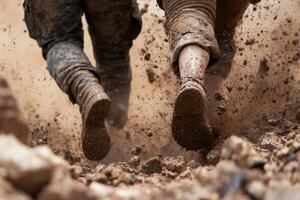 Muddy boots walking through dirt photo