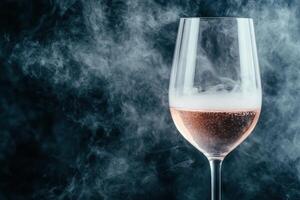 Elegant glass of sparkling rose wine with smoke effect photo