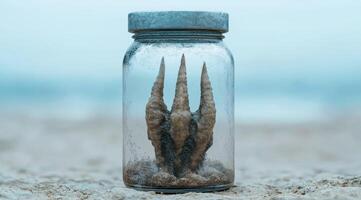 Fossilized claws preserved in glass jar on beach photo
